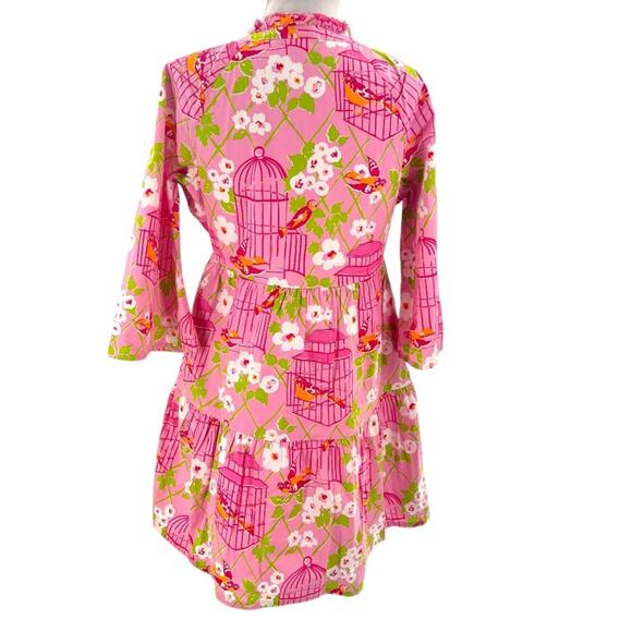 SPARTINA 449 Pink & Green Bird Wilson Maisie Ruffle Tiered Notch Neck Dress Sz M - Picture 4 of 8